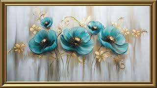 Vintage Blue Gold Flowers Painting | Gold Frame TV Art | Art Screensaver for TV 2 Hrs