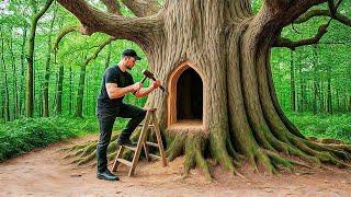 Building Complete and Warm Survival Shelter Inside a Giant Tree - Full Video