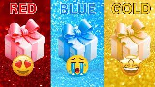 Choose your gift 3 gift box challenge: Red, Blue & Gold 2 Good & 1 Bad  #chooseyourbox #quiz