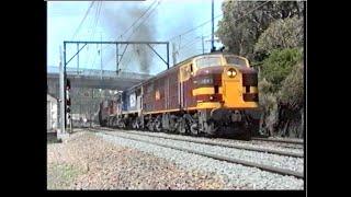 Australian Alco diesel locomotives, including streamlined 44 class - Cowan bank - late 1993