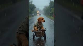 A cute, little brown puppy is wearing an old, torn shirt and pants. It is raining heavily, the road