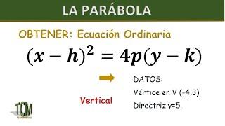 Como obtener la Ecuacion Ordinaria de la parabola | Datos: vertice y directriz | Ejemplo1 | Vertical