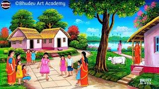 Beautiful Village Landscape Scenery Painting| Indian Village Scenery Painting With EarthWatercolor