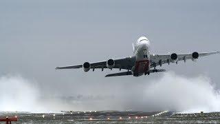 Spectacular A380 crosswind takeoff in snow (4K)