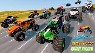 Grave Digger vs. El Toro Loco | Monster Jam Racing Jumps and Crashes - BeamNG.drive