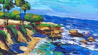 La Jolla Cove painting process | How I draw Ocean waves with palette knife 