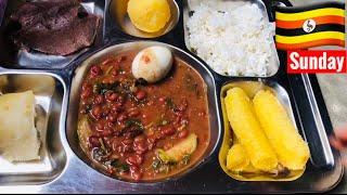 Sunday lunch of steamed eggs, beans and other African foods