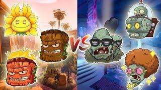 Giga Torchwood, Big Stump and Sunflower Queen vs Mech Gargantuar, Giga Gargantuar and Disco Zombie