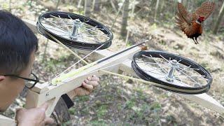 Pheasant Hunting With a Homemade Big Slingshot Crossbow Made of Wood,Bicycle Wheels,and Rubber Band.