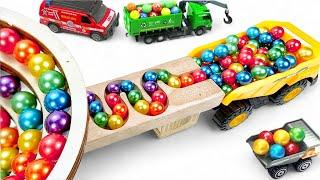 Marble Run ASMR Race  HABA Slope & Dump Truck Excavator Ambulance Forklift Garbage Truck Tractors14