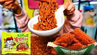 SPICY FIRE BLACK BEAN NOODLES + WINGSTOP ATOMIC WINGS l MUKBANG