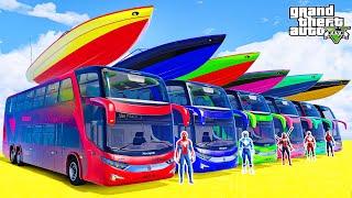 Homem-Aranha e Ônibus! Team Spiderman and Team Power Rangers w/ Boats on Buses Challenge Obstacles