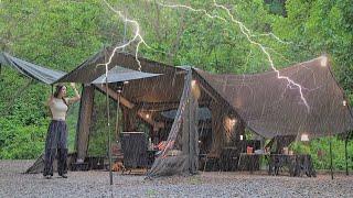Special camping in an inflatable tent in the thunderstorm rain ASMR