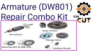 DW801# 4”Angle Grinder Spare Parts – Armature, Gear Pinion, Bearing, Carbon Brush & Flange Nut