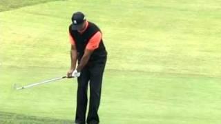 Tiger Woods pitch and run shot to 18th green Torrey Pines