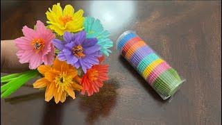 5 mins flower using cupcake liner and drinking straws - DIY Cosmos flower