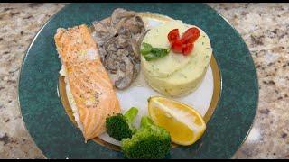 Baked Salmon Fish with Mashed Potato and Mushrooms