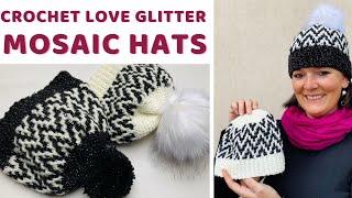 Crochet Mosaic Love Glitter Hats Black and White women and kid size, free pattern and mosaic chart