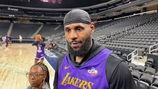 LeBron James talks to the media at Lakers practice