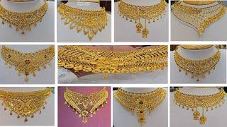 Latest Bridal gold choker necklace designs with weight and price//light weight gold choker necklace