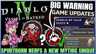 Diablo 4 - CONFIRMED: BIG Spiritborn Nerfs, Sorc Buffs, HUGE Patch, Mythic Unique Changes & More!