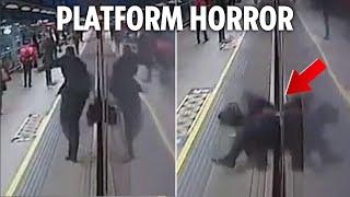 Passenger nearly dragged to DEATH by train pulling into station as travellers helplessly watch