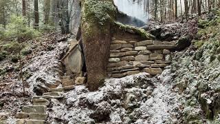 Building a secret warm survival shelter under the root of a large tree, cozy bushcraft cave