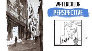 Perspective in cityscapes - One-point perspective - Watercolor cityscape