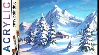 How to paint winter landscape tutorial with ACRYLIC blending tips  Small house in Mountain.  DEMO