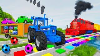 Tractor Trailer Cars Transportation with Small Cars Rescue - Cars vs Rails and Trains - BeamNG.drive