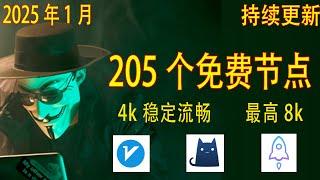 2025年1月9日最新高速稳定节点，稳定4k，最高8k，免费节点，节点分享，clash节点，V2ray节点，节点订阅，免费机场，clash订阅，机场节点，科学上网，小火箭节点，免费vpn，免费翻墙