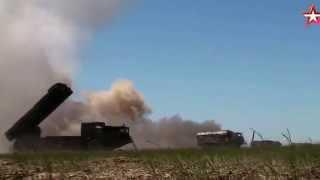 Russian military tehelka in action. "SMERCH" and "Tochka U" defeat the objects and combat shooting.