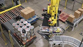 Robotic Palletizer with Integrated Pallet Handling for Multi Line Palletizing   Cases and Drums