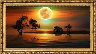 the art corner tv wallpaper | shows a lone tree on the shore of a body of water | full moon.