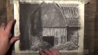 Abandoned barn time lapse charcoal drawing