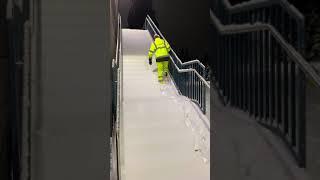 Bobby Body Slides down Snowy Steps