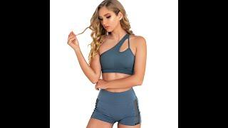 Single Shoulder Yoga Bra Sports Shorts with Mesh at Side Fitness Wear