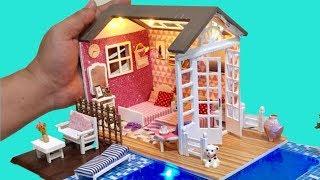 DIY Miniature Dollhouse BARBIE TWIN BEDROOM with SWIMMING POOL