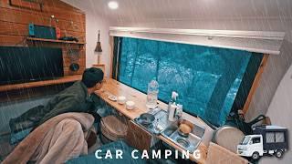 [Car camping in heavy rain] Scary! The alarm siren rings out. Camping by the river. truck camper