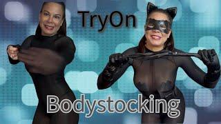 4K. TRANSPARENT| Black Oily Bodystocking | Catwoman Custome TRyOn| Mirror view