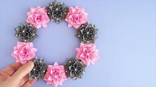 折り紙で作る基本の花くす玉風リースの作り方 - DIY How to Make Paper Flower Wreath