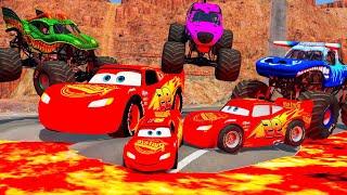 EPIC ESCAPE FROM 3 COLOR LIGHTNING MCQUEEN VS 3 MONSTER TRUCKS in BeamNG.Drive