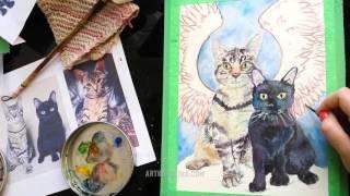 Watercolor Time Lapse - Speed Painting | Angel Cat Portrait for Redditor (Pax and Gatsby)