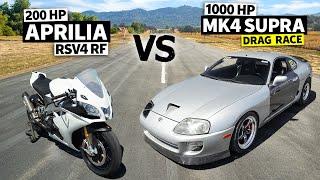 1000hp Toyota Supra Turbo vs Aprilia RSV4 RF Superbike Drag Race