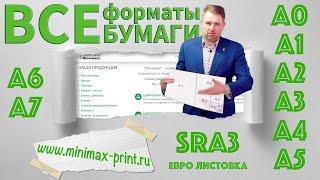 Все форматы бумаги: А0, А1, А2, А3, А4, SRA3, А5, А6, А7, Евро листовка