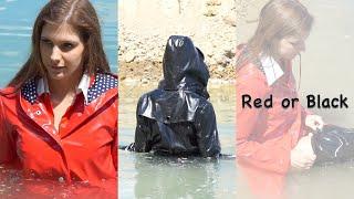 Girl swimming in red and black vinyl raincoats and Hunter wellies - wetlook and wet clothes