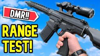 BEST AIRSOFT DMR!? UMBRELLA ARMORY 308 RANGE TEST!