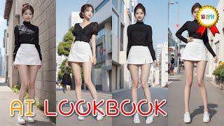 AI Lookbook #94 - Street Black Blouse + White Short Skirt Fashion Female Model Illustration