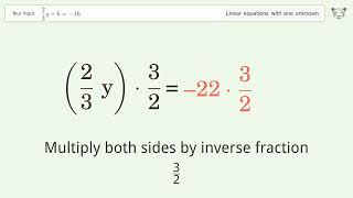 Solve 2/3y+6=-16: Linear Equation Video Solution | Tiger Algebra