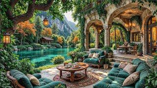 Cozy Outdoor Coffee Shop Ambience in Lakeside ️ Relaxing Piano Jazz Music for Work,Study,Good Mood
